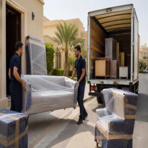 Furniture movers in Riyadh collecting and safely wrapping a sofa for delivery.