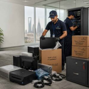 Professional IT equipment handling during an office move in Riyadh with labeled cables and protected computers.