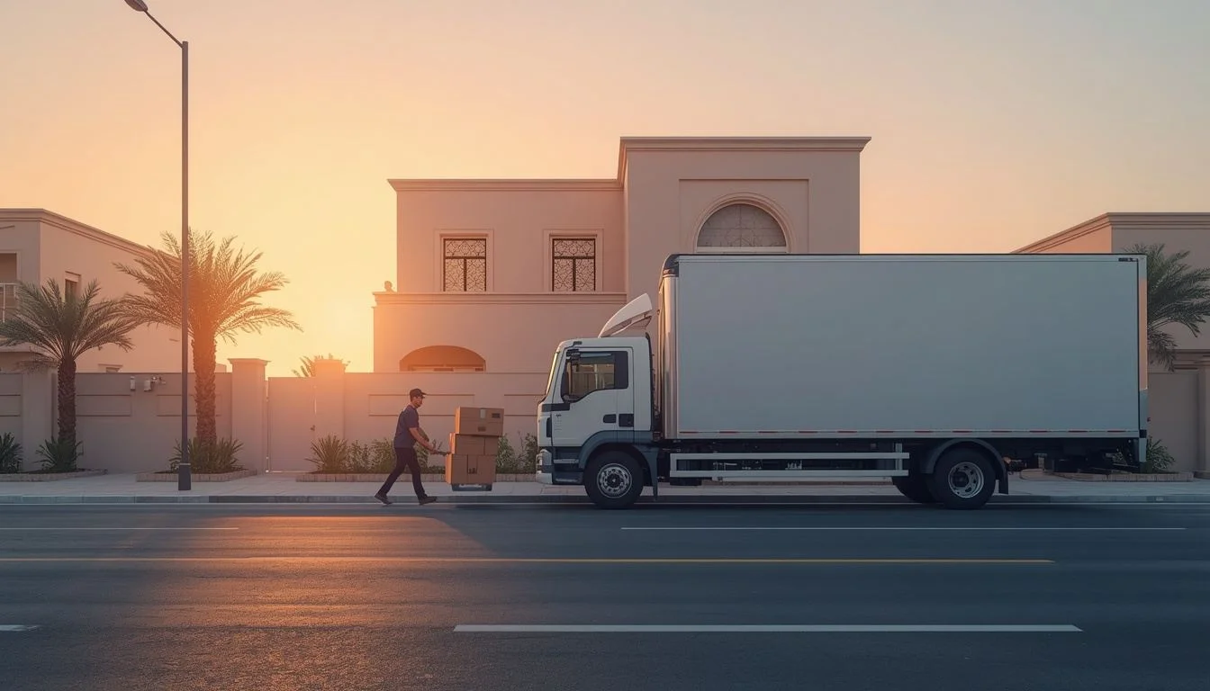 Best Time to Move House in Saudi Arabia with professional movers transporting boxes to a modern villa in the early morning.