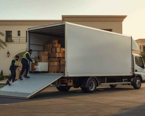 Professional movers and packers in Riyadh loading household furniture and moving boxes into a transport truck outside a residential villa.